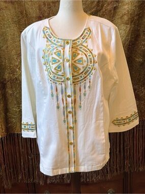 New Bob Mackie White Button-Front Top with Teal & Gold Embroidery